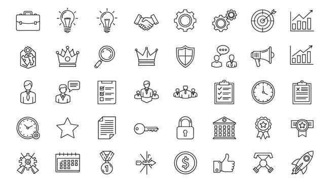 A comprehensive collection of outline icons representing key business and management concepts, including leadership, administration, supervision, governance, and strategic planning, presented with a