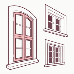 Four simple window icons with pink and maroon outlines