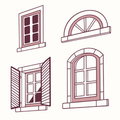 Four simple window icons with shutters and arched top