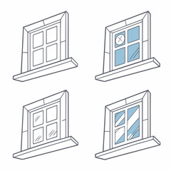 Four window icons with subtle blue glass reflections