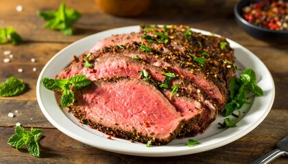 A close-up shot of a sliced, seasoned roast beef dish, arranged on a white plate. Fresh mint sprigs garnish the meat