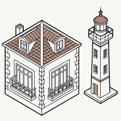 Isometric house and lighthouse vector icons building