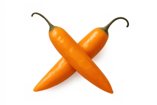 Fresh orange chili peppers crossing, showing the spicy and hot flavor of natural food ingredients on transparent background