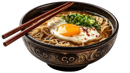Delicious ramen bowl with egg and beef ready to eat  isolated on transparent background