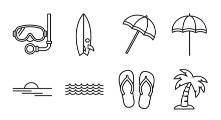 Collection of outline icons representing summer vacation and beach activities, including a diving mask and snorkel, surfboard, beach umbrella, flip-flops, palm tree, ocean waves, and a sunset over