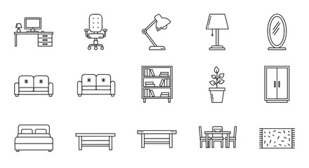 Collection of simple line art icons representing furniture and interior design elements, perfect for banners, infographics, and articles. Includes workplace desk, office chair, table lamp, floor