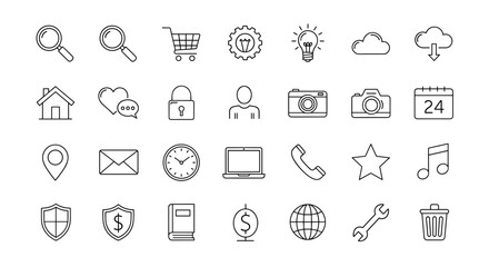 A comprehensive collection of 30 essential line icons, featuring a magnifying glass, shopping cart, gear, lightbulb, cloud, download, house, heart with chat bubbles, lock, user silhouette, camera