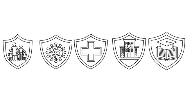 Set of five shield icons representing insurance and protection: family, virus, medical cross, business building, and graduation cap with book, ideal for graphic design and web use, symbolizing safety