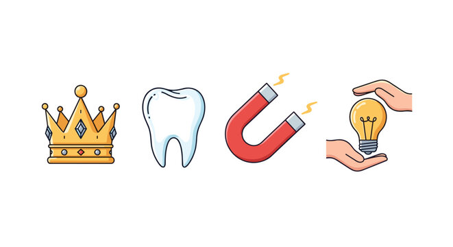Collection of four distinct icons representing concepts of royalty, dental health, magnetism, and innovation, presented on a clean white background, ideal for graphic design projects, websites