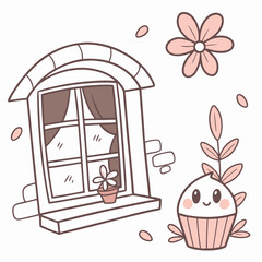 Cute cupcake character and window with flower cartoon