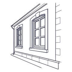 Dark blue outline of two windows on a building wall