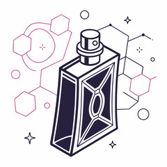 Dark purple perfume bottle with neon pink molecular graphics