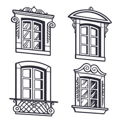 Four ornate vintage style window illustrations retro