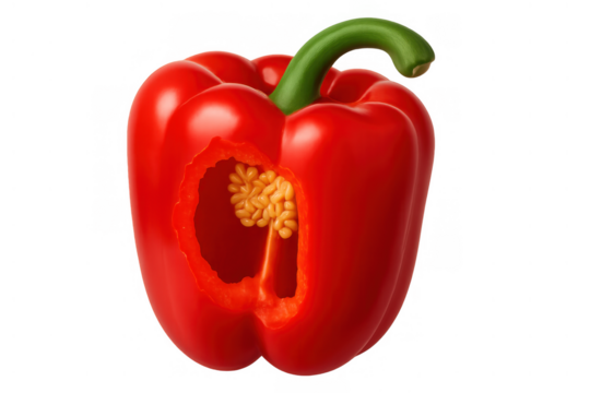 Red bell pepper sectioned horizontally, exposing its internal structure and seeds. Fresh produce for diet and cuisine