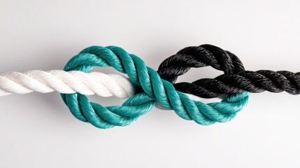 Three thick ropes intertwined in white, teal, and black colors with knots, set against a light grey background,