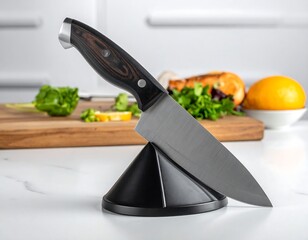 A close-up shot of a stainless steel kitchen knife resting on a black stand. Chopping board and ingredients blurry in the background