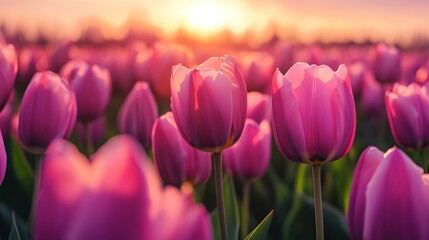 Obraz premium Panoramic view of colorful tulip fields glowing in warm spring sunlight