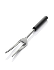 A close-up shot of a stainless-steel carving fork, resting at an angle on a white background, with a black handle