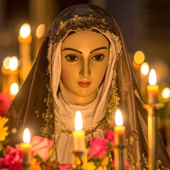 A close-up shot of a statue of a woman draped in fabric, illuminated by surrounding candlelight. Flowers are present
