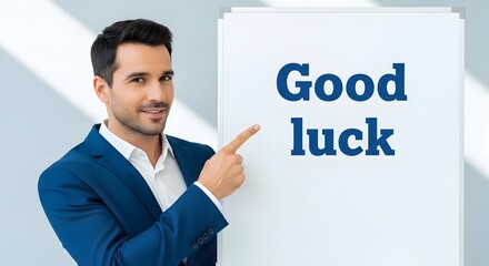 A professional man in a blue suit smiling and pointing at a sign that says 'Good luck' in a bright, modern office setting