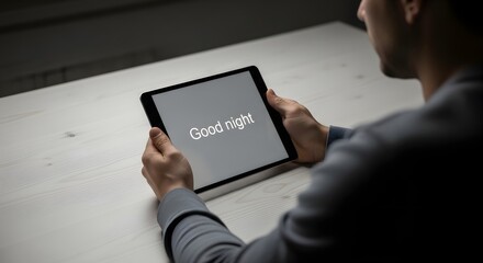 A person holding a tablet displaying the message 'Good night' while sitting at a desk in a dimly lit room, creating a calm and relaxing atmosphere for bedtime