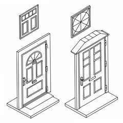 Two isometric doors with windows on white background