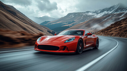 A sleek red sports car speeds along a winding road amidst dramatic mountains and cloudy skies, showcasing a blend of power and nature.