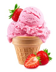 A close-up shot of a strawberry-flavored ice cream cone, with fresh strawberries for garnish and a simple white background