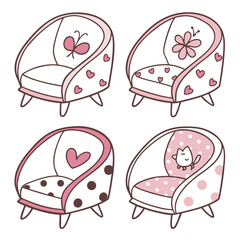 Four cute pink cartoon chairs with patterns icon
