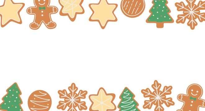 Hand drawn style gingerbread cookie border copy space for Christmas holiday season. Festive sweet food frame with copy space for text