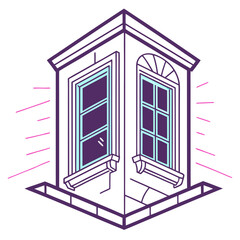 Isometric purple building corner with cyan windows