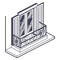 Isometric window with balcony and shutters vector