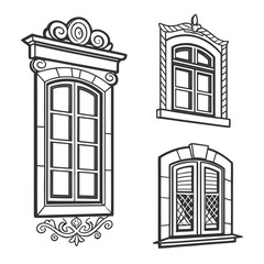 Three ornate vintage style window illustrations retro