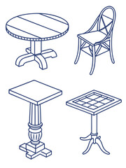 Four blue outline furniture icons table and chair vector
