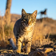 A close-up shot of a tabby cat looking directly at the camera, with a blurred background of dry, sunny terrain