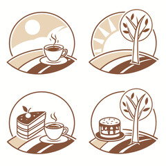 Four coffee and dessert icons with landscape elements