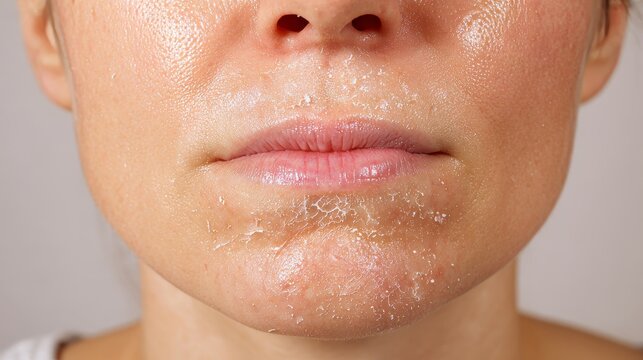 Close-up of a woman with dry, peeling skin around the mouth, showing irritation, cracked texture, facial dryness after cold windy weather, skin care concern, sensitive skin condition