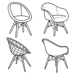 Four outline chair icons with thin legs drawing graphic