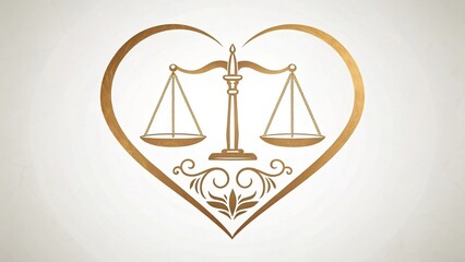 Elegant gold scale of justice icon centered in a heart shape, law, love, and balanced relationship concept.