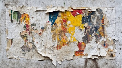 Torn ripped paper layers on a rough street wall with grunge texture, rust stains and distressed details, showing urban decay, street art style, old poster remnants and vintage industrial atmosphere