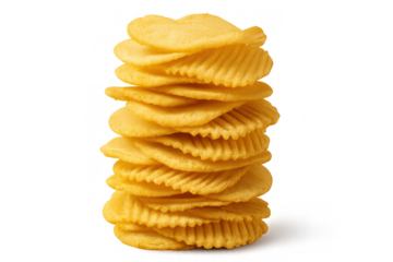Stack of crispy wavy potato chips on transparent background, enjoying unhealthy snack food