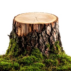A close-up shot of a tree stump with visible growth rings and rough bark. Vibrant green moss surrounds the base against a white backdrop