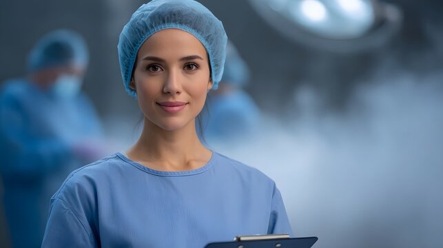 A female medical professional in scrubs and a cap smiles while holding a clipboard in a dimly lit operating room