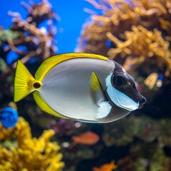 A close-up shot of a tropical reef fish with bright yellow fins, contrasting against its silvery body and dark facial markings