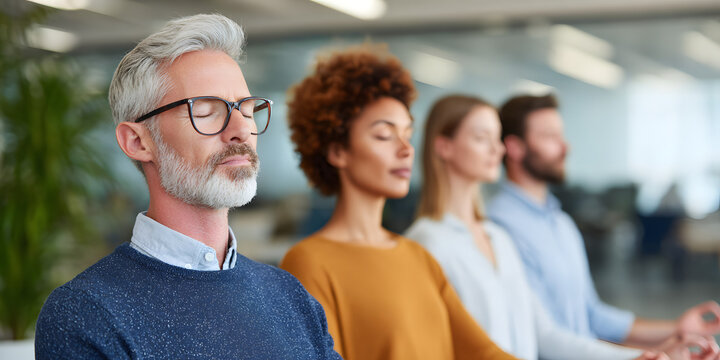 Diverse coworkers practicing mindful breathing in a modern office - Powered by Adobe