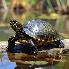 A close-up shot of a turtle perched on a rock in a pond, highlighting its shell and red markings. The background shows foliage