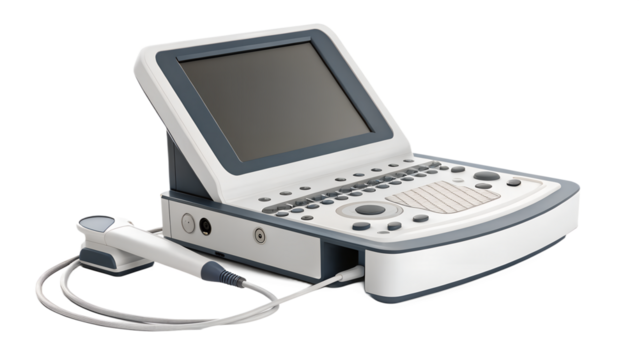 Compact medical ultrasound unit with monitor and probe, isolated transparent background, modern design.