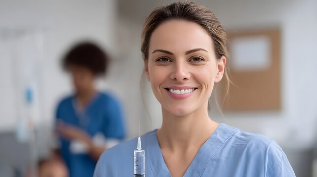 A professional and smiling nurse in blue scrubs holds a syringe symbolizing compassionate and efficient medical care in a healthcare facility