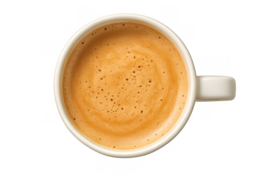 Hot coffee or espresso drink with creamy foam in a white ceramic mug, overhead view. Transparent background included