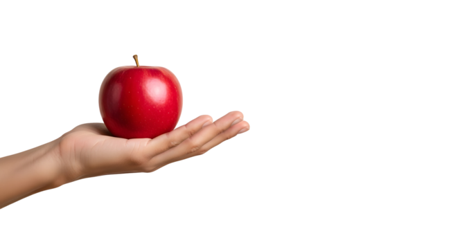 Hand Presenting a Fresh Red Apple: A single, vibrant red apple rests in an open palm, symbolizing health, wellness, and the bounty of nature.